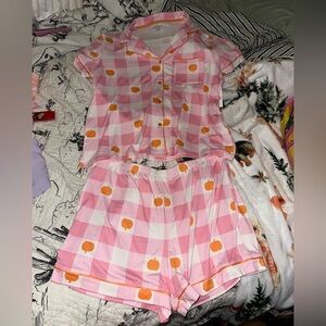 Derek Heart Pink and White Checkered Pajama Set with Orange Accents